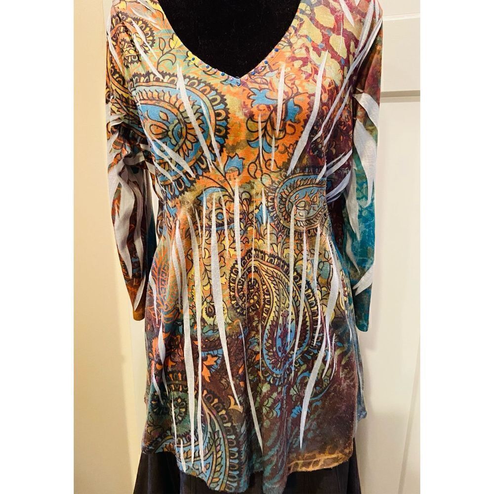Apt. 9 Women's Petite X Large V Neck Embellished 3/4 Sleeve Blouse Floral Print